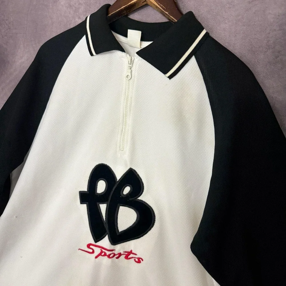 Fabu Sports Shirt Mens Medium White Black Quarter Zip Chenille Patch Made USA